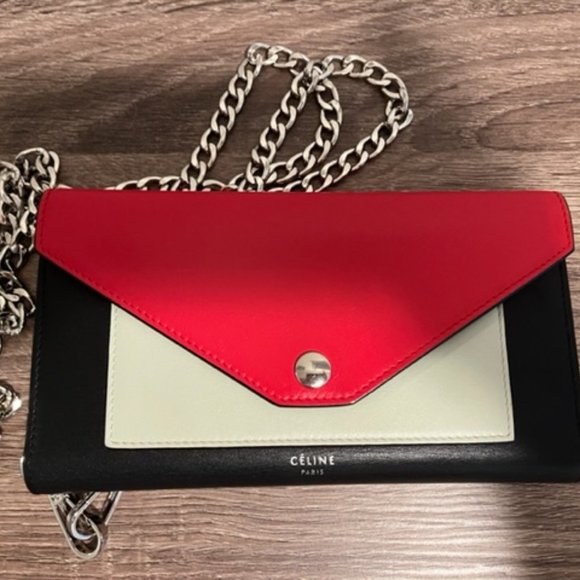 Celine Tricolor Red/Black/Taupe Envelope Trifold Leather Wallet - Picture 3 of 4
